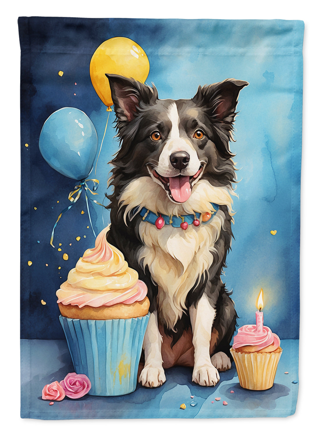 Border Collie Happy Birthday Garden Flag –Dog Birthday Cupcake Yard Decor with Balloons