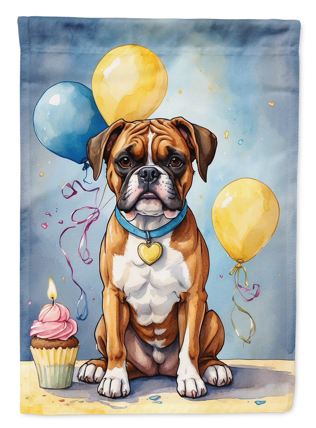Boxer Happy Birthday Garden Flag –Dog Birthday Cupcake Yard Decor with Balloons