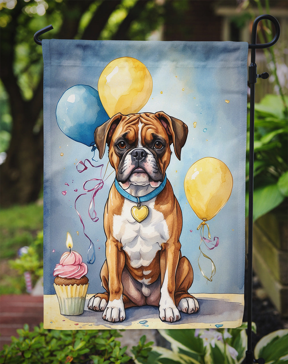 Boxer Happy Birthday Garden Flag –Dog Birthday Cupcake Yard Decor with Balloons