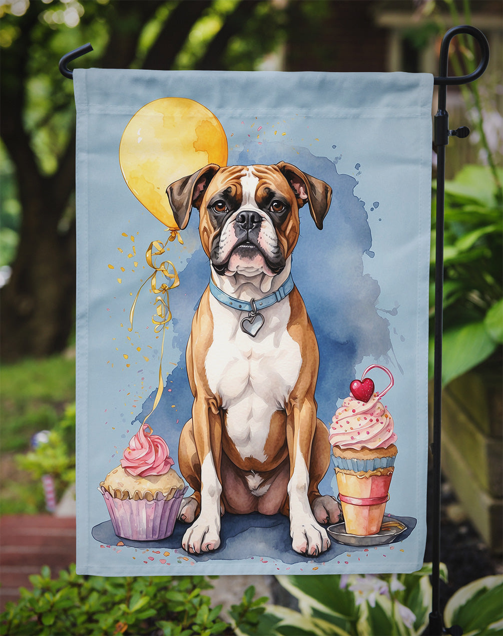 Boxer Happy Birthday Garden Flag –Dog Birthday Cupcake Yard Decor with Balloons
