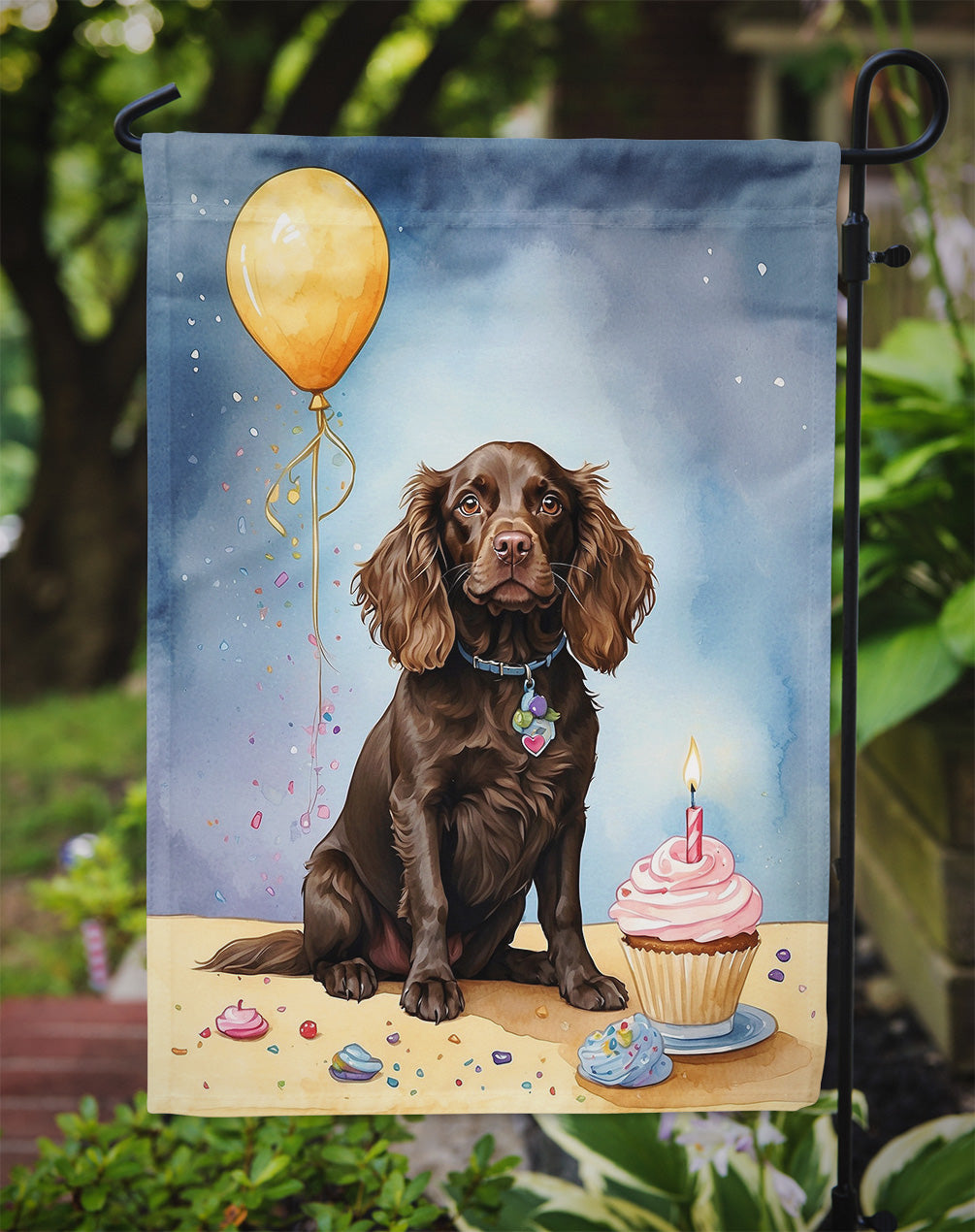 Boykin Spaniel Happy Birthday Garden Flag –Dog Birthday Cupcake Yard Decor with Balloons