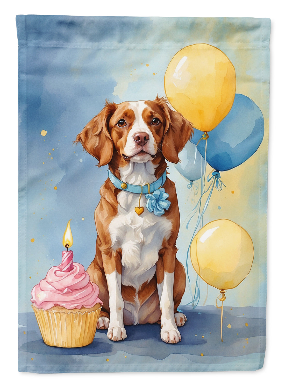 Brittany Spaniel Happy Birthday Garden Flag –Dog Birthday Cupcake Yard Decor with Balloons
