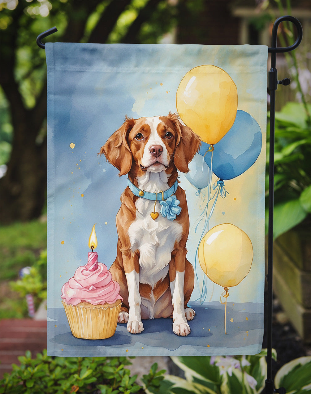Brittany Spaniel Happy Birthday Garden Flag –Dog Birthday Cupcake Yard Decor with Balloons
