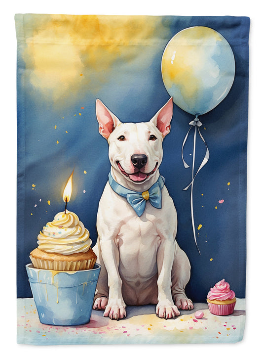 Bull Terrier Happy Birthday Garden Flag –Dog Birthday Cupcake Yard Decor with Balloons