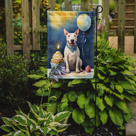 Bull Terrier Happy Birthday Garden Flag –Dog Birthday Cupcake Yard Decor with Balloons
