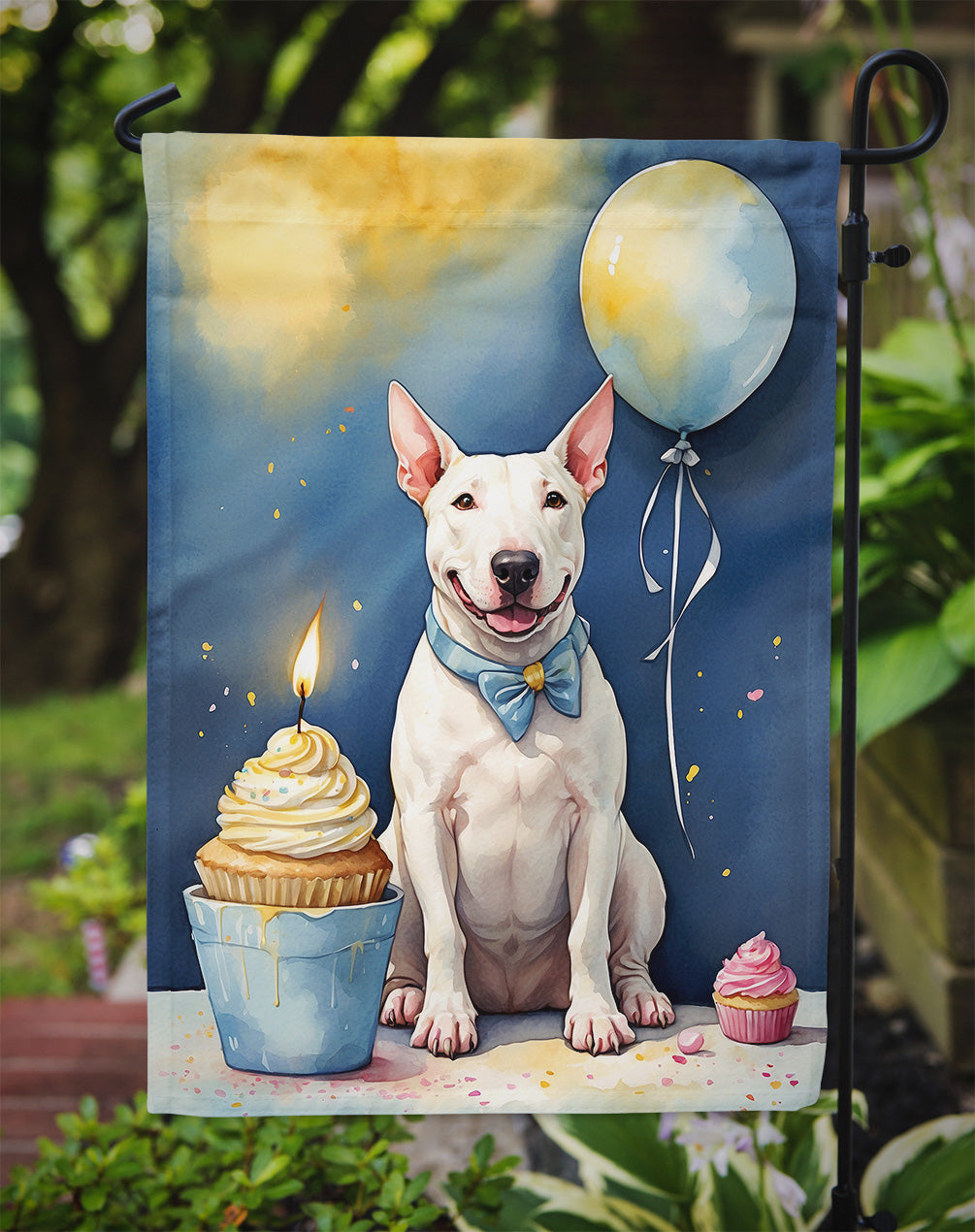 Bull Terrier Happy Birthday Garden Flag –Dog Birthday Cupcake Yard Decor with Balloons