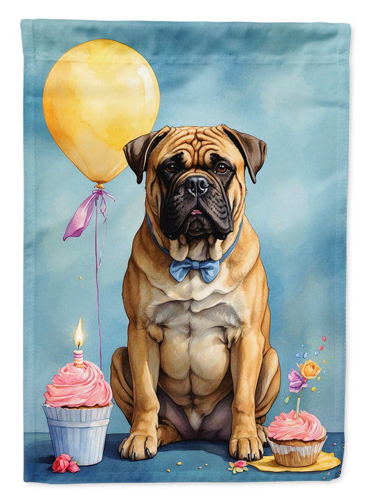 Bullmastiff Happy Birthday Garden Flag –Dog Birthday Cupcake Yard Decor with Balloons