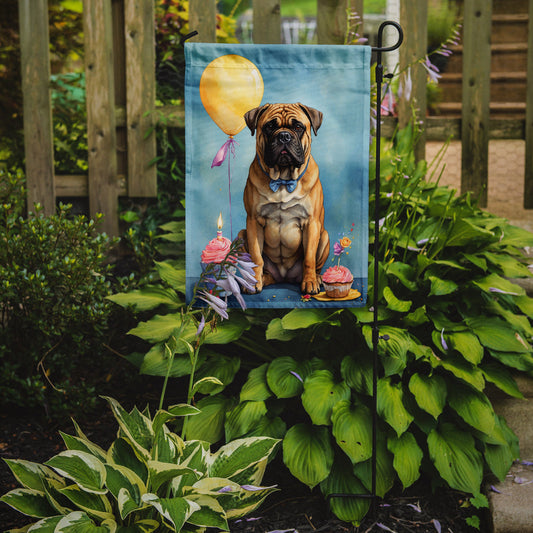 Bullmastiff Happy Birthday Garden Flag –Dog Birthday Cupcake Yard Decor with Balloons