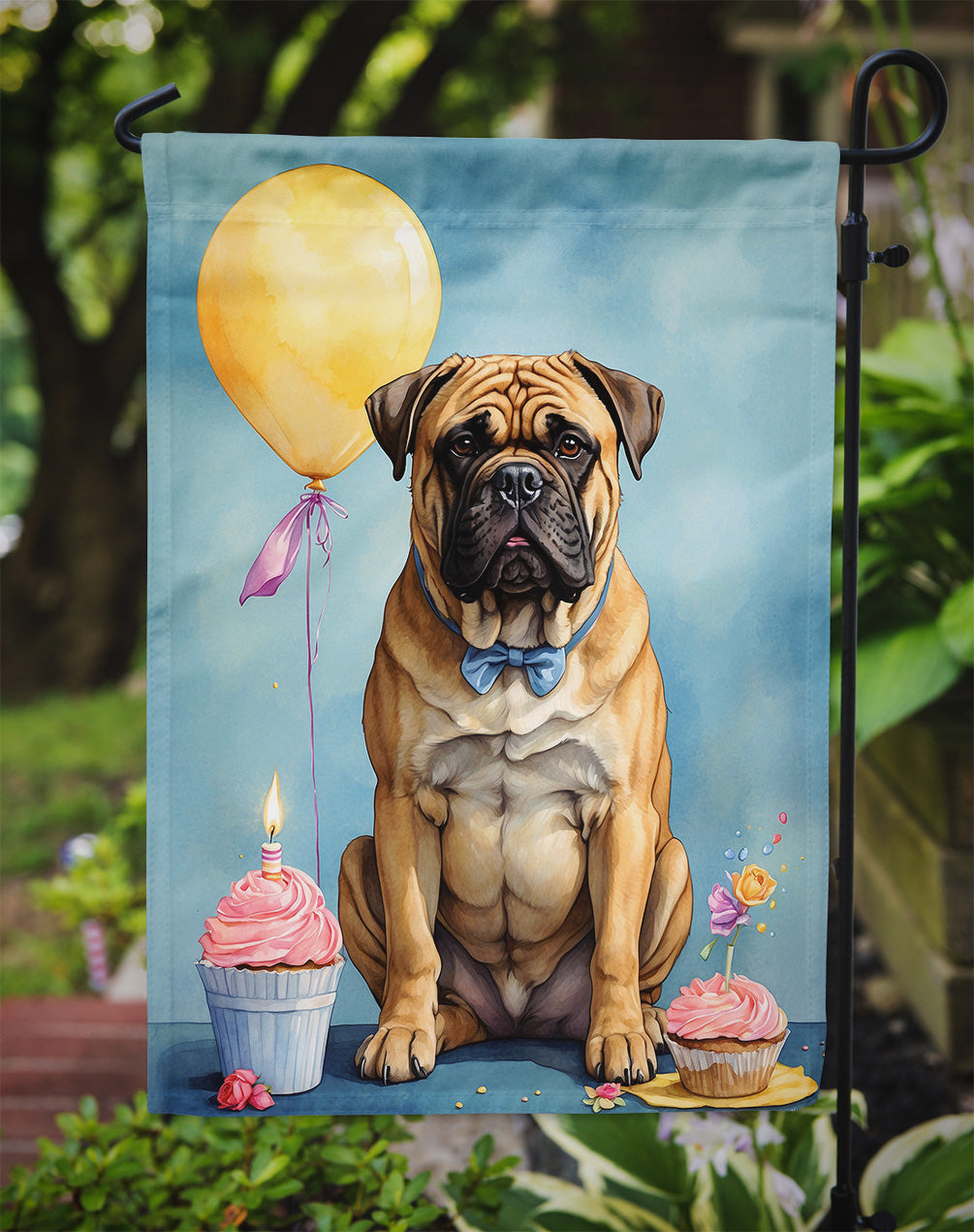 Bullmastiff Happy Birthday Garden Flag –Dog Birthday Cupcake Yard Decor with Balloons