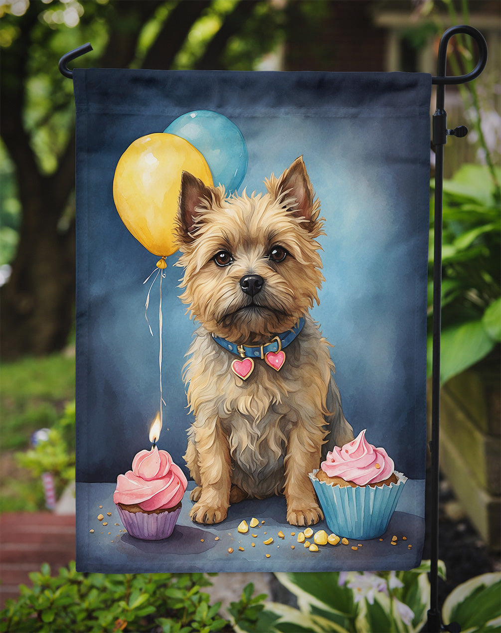 Cairn Terrier Happy Birthday Garden Flag –Dog Birthday Cupcake Yard Decor with Balloons
