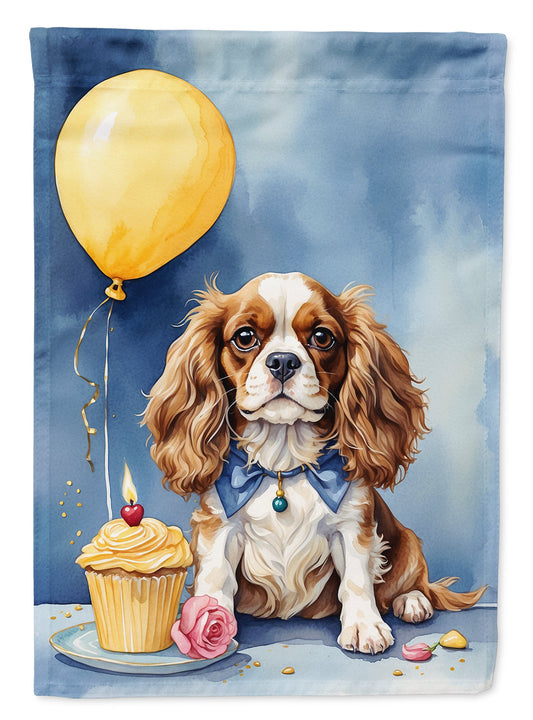 Cavalier Spaniel Happy Birthday Garden Flag –Dog Birthday Cupcake Yard Decor with Balloons