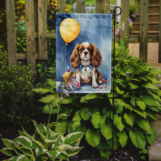 Cavalier Spaniel Happy Birthday Garden Flag –Dog Birthday Cupcake Yard Decor with Balloons