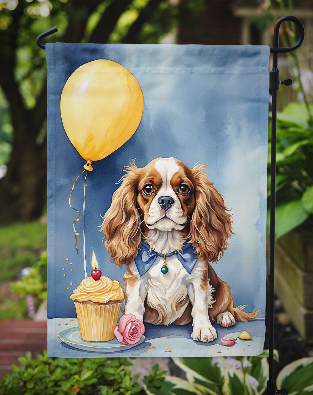 Cavalier Spaniel Happy Birthday Garden Flag –Dog Birthday Cupcake Yard Decor with Balloons