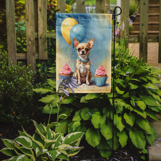 Chihuahua Happy Birthday Garden Flag –Dog Birthday Cupcake Yard Decor with Balloons