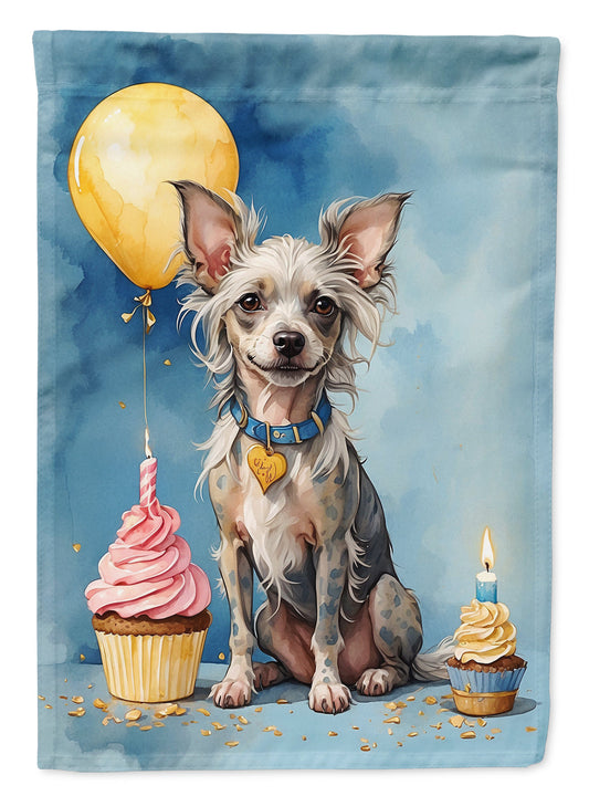 Chinese Crested Happy Birthday Garden Flag –Dog Birthday Cupcake Yard Decor with Balloons
