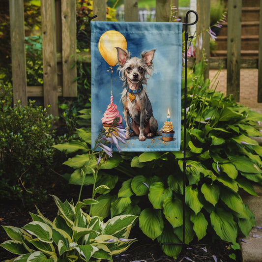 Chinese Crested Happy Birthday Garden Flag –Dog Birthday Cupcake Yard Decor with Balloons