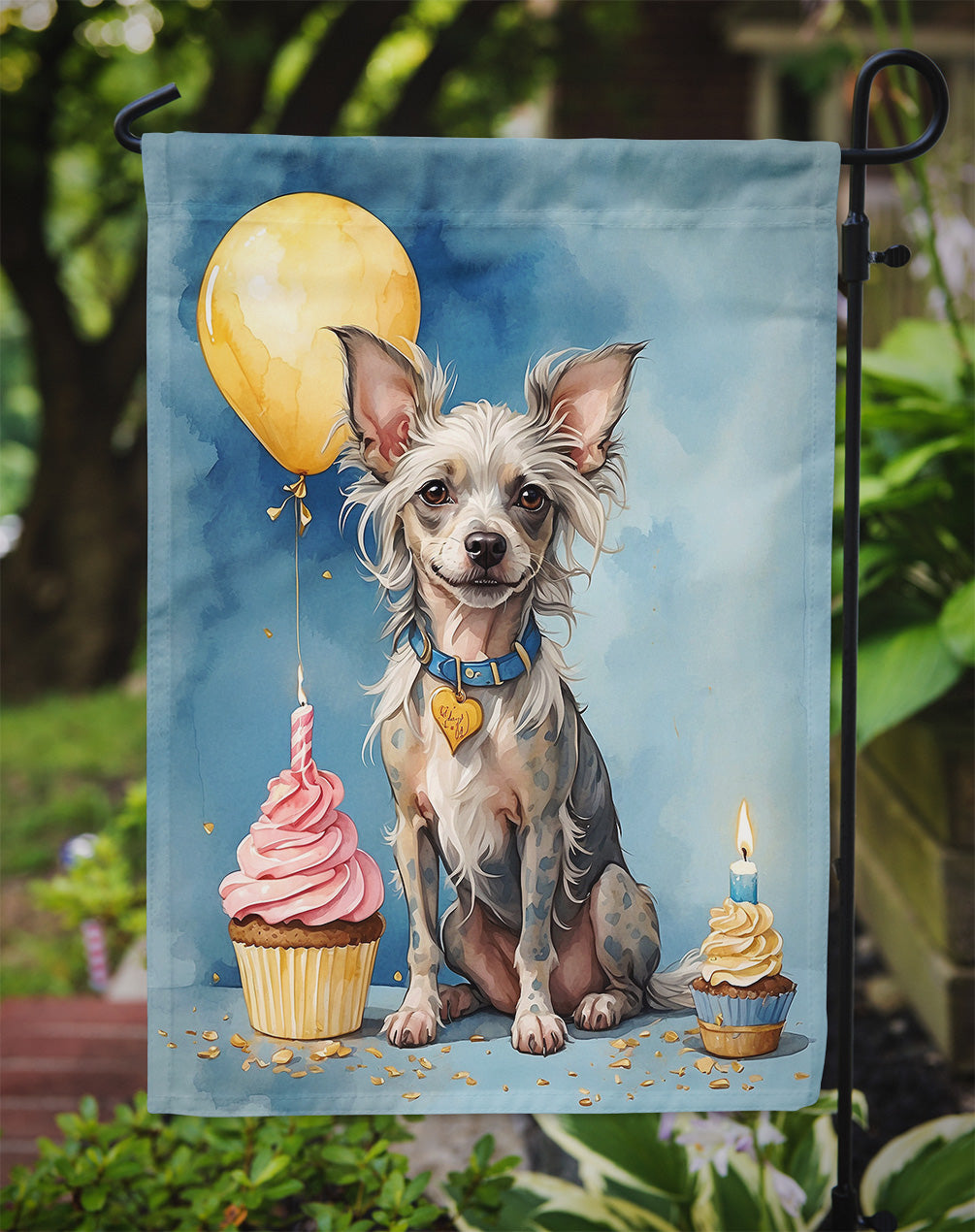 Chinese Crested Happy Birthday Garden Flag –Dog Birthday Cupcake Yard Decor with Balloons
