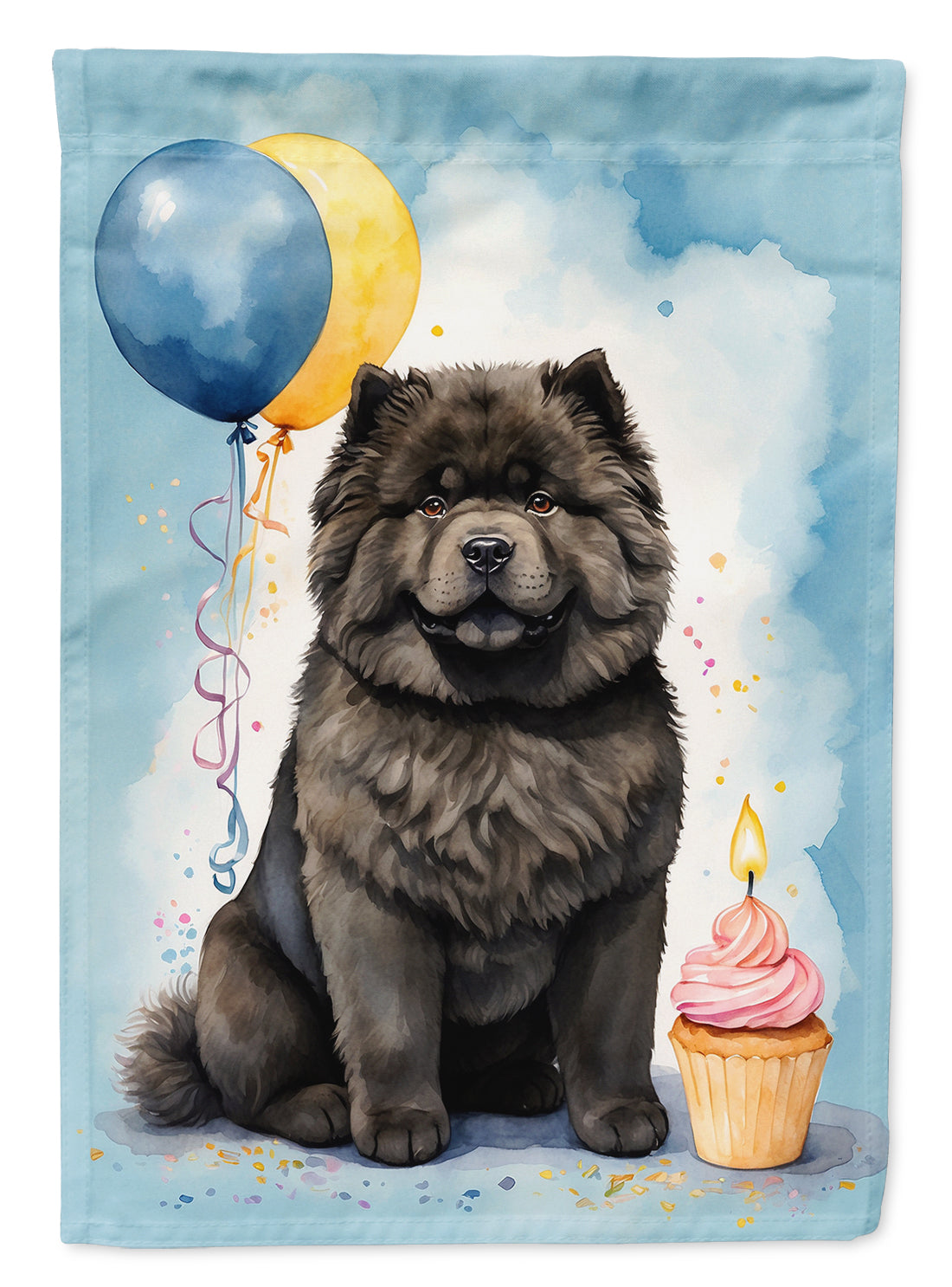 Black Chow Chow Happy Birthday Garden Flag –Dog Birthday Cupcake Yard Decor with Balloons