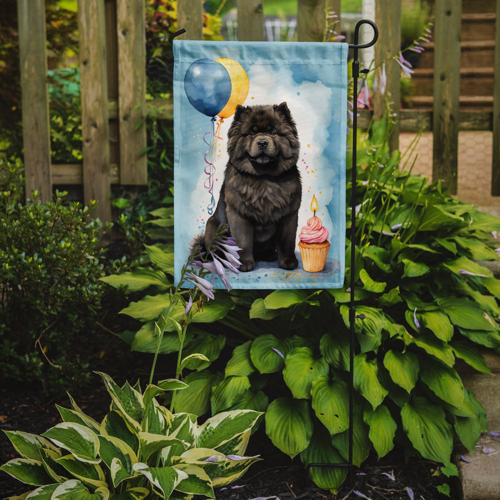 Black Chow Chow Happy Birthday Garden Flag –Dog Birthday Cupcake Yard Decor with Balloons