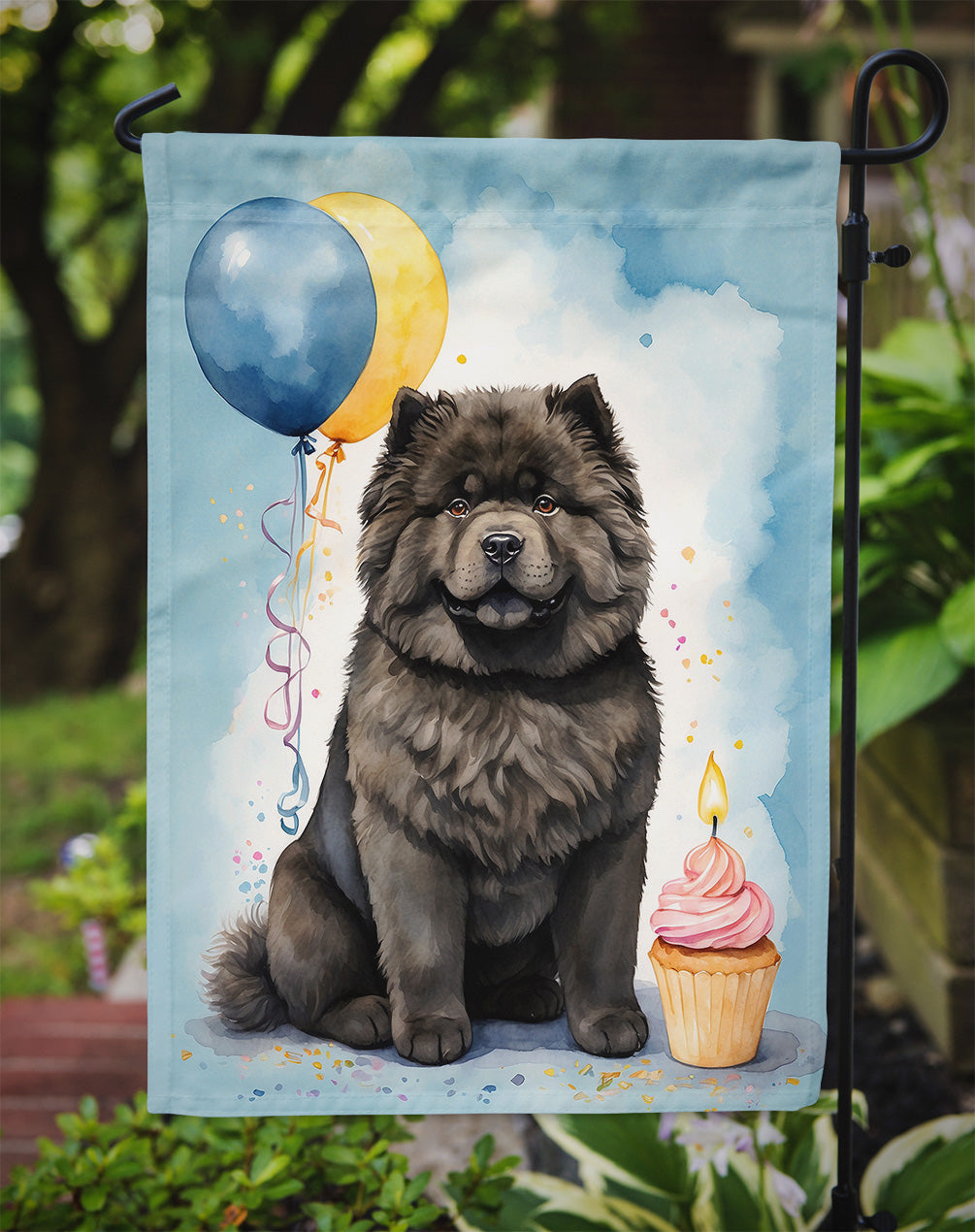 Black Chow Chow Happy Birthday Garden Flag –Dog Birthday Cupcake Yard Decor with Balloons