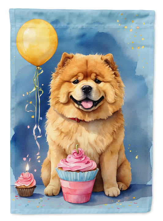 Chow Chow Happy Birthday Garden Flag –Dog Birthday Cupcake Yard Decor with Balloons
