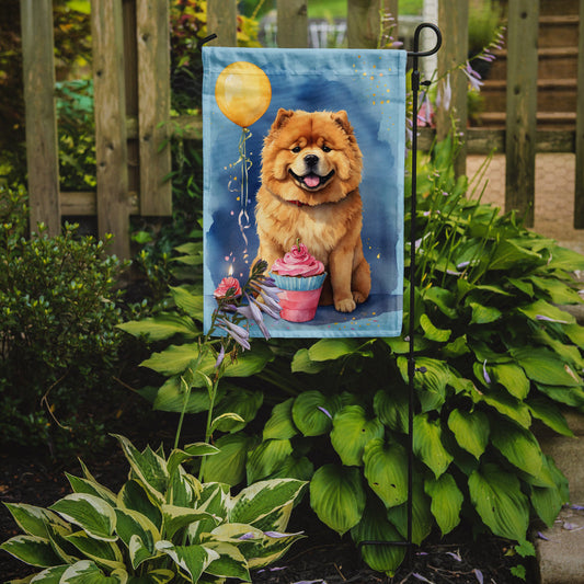 Chow Chow Happy Birthday Garden Flag –Dog Birthday Cupcake Yard Decor with Balloons