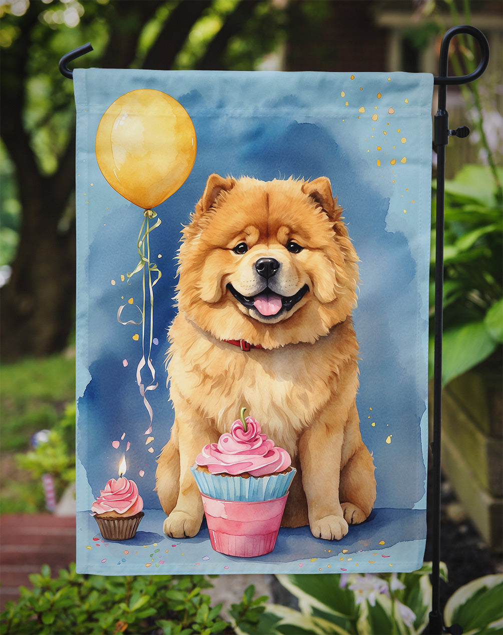 Chow Chow Happy Birthday Garden Flag –Dog Birthday Cupcake Yard Decor with Balloons