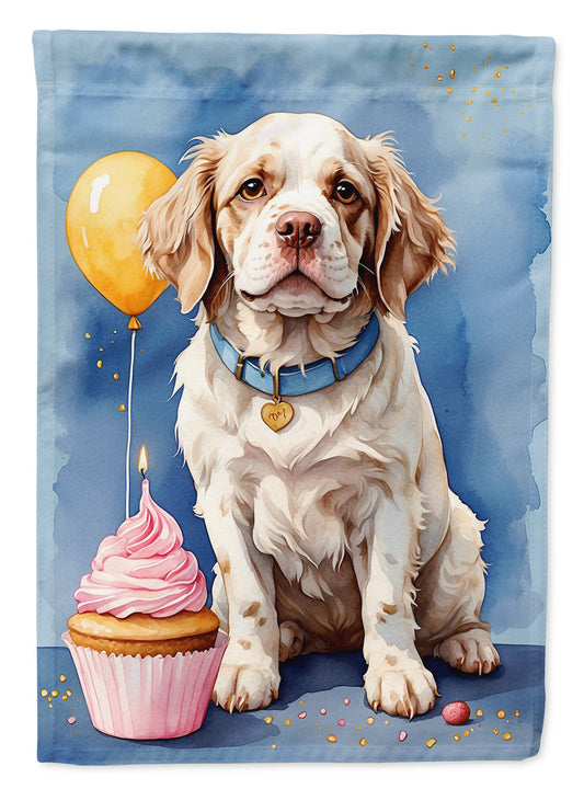 Clumber Spaniel Happy Birthday Garden Flag –Dog Birthday Cupcake Yard Decor with Balloons