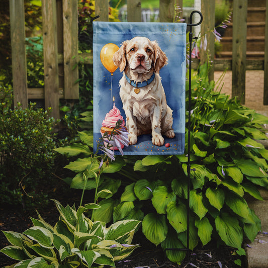 Clumber Spaniel Happy Birthday Garden Flag –Dog Birthday Cupcake Yard Decor with Balloons