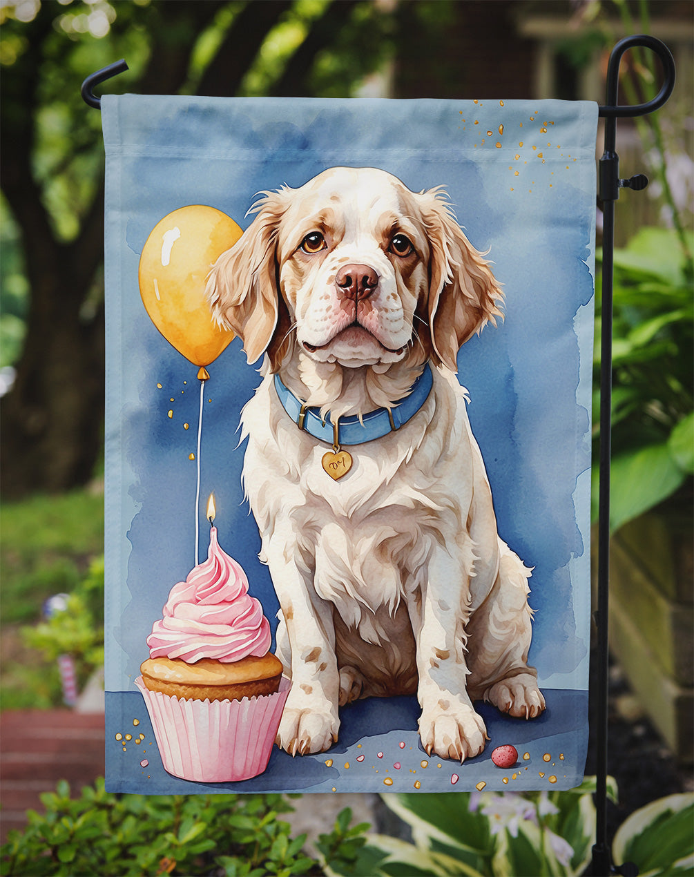 Clumber Spaniel Happy Birthday Garden Flag –Dog Birthday Cupcake Yard Decor with Balloons