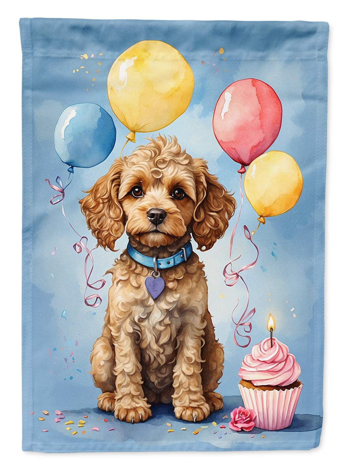 Cockapoo Happy Birthday Garden Flag –Dog Birthday Cupcake Yard Decor with Balloons