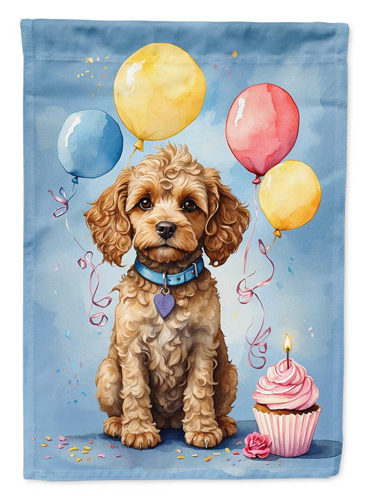 Cockapoo Happy Birthday Garden Flag –Dog Birthday Cupcake Yard Decor with Balloons