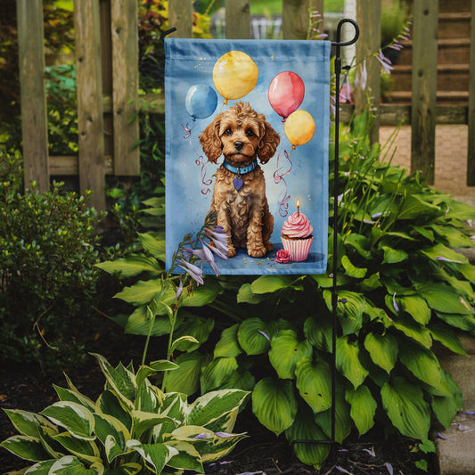 Cockapoo Happy Birthday Garden Flag –Dog Birthday Cupcake Yard Decor with Balloons
