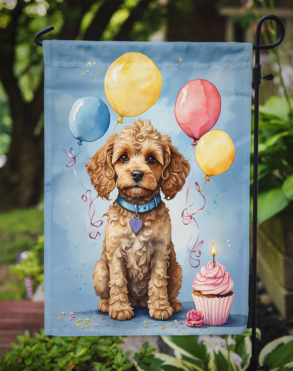Cockapoo Happy Birthday Garden Flag –Dog Birthday Cupcake Yard Decor with Balloons