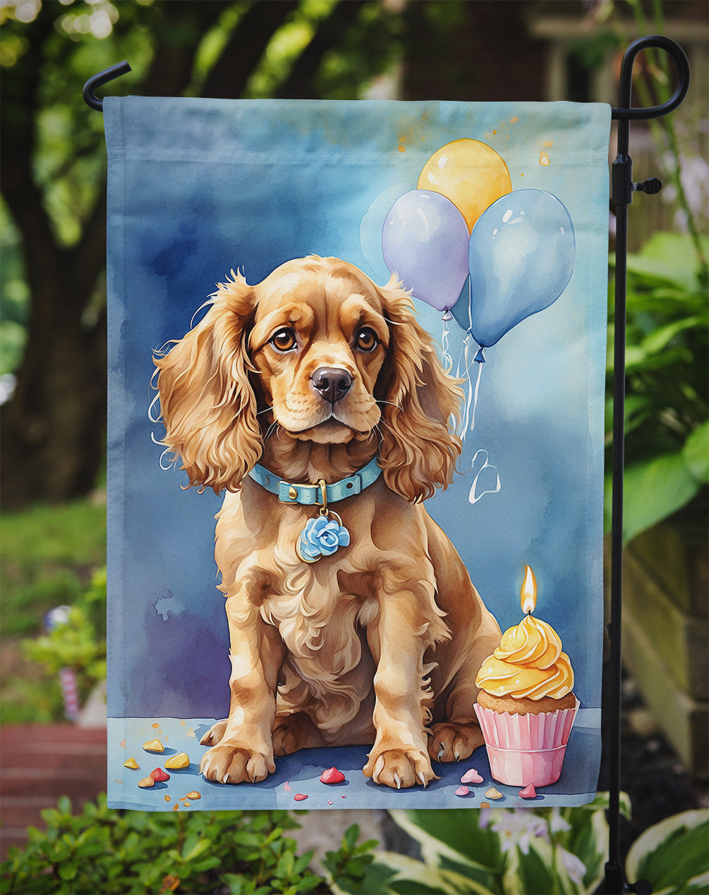 Cocker Spaniel Happy Birthday Garden Flag –Dog Birthday Cupcake Yard Decor with Balloons