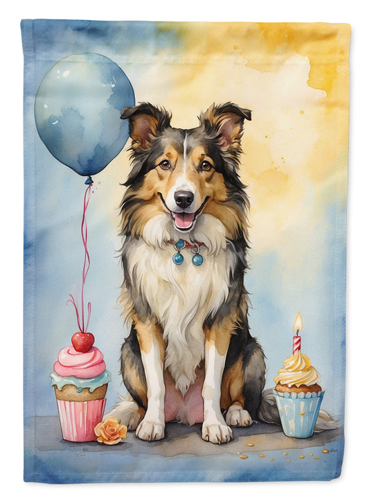 Collie Happy Birthday Garden Flag –Dog Birthday Cupcake Yard Decor with Balloons