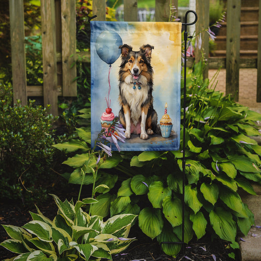 Collie Happy Birthday Garden Flag –Dog Birthday Cupcake Yard Decor with Balloons