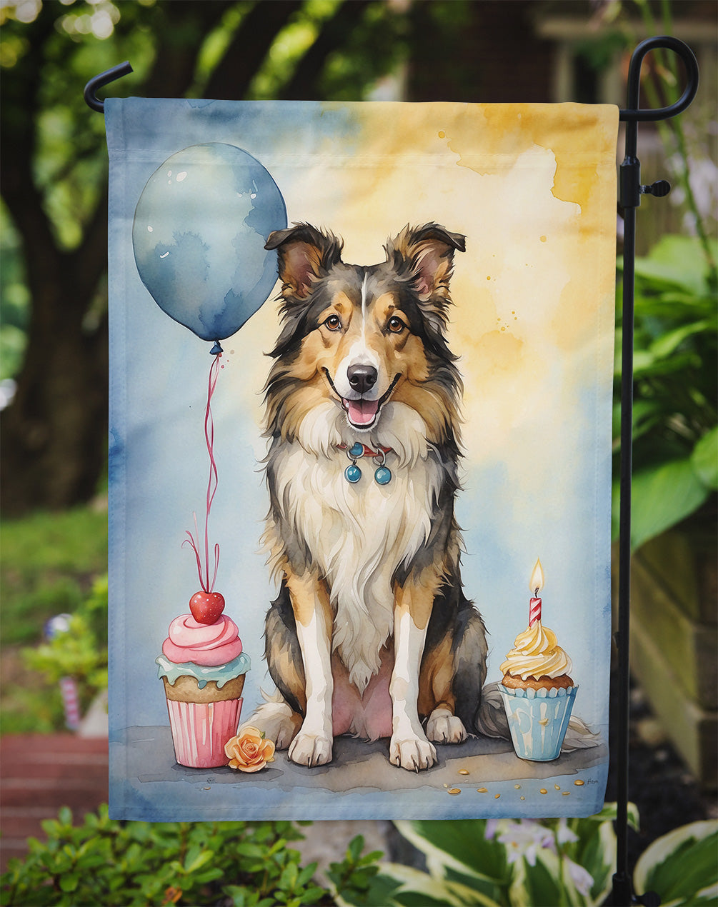 Collie Happy Birthday Garden Flag –Dog Birthday Cupcake Yard Decor with Balloons