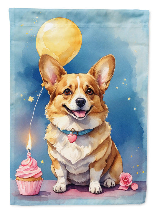Corgi Happy Birthday Garden Flag –Dog Birthday Cupcake Yard Decor with Balloons