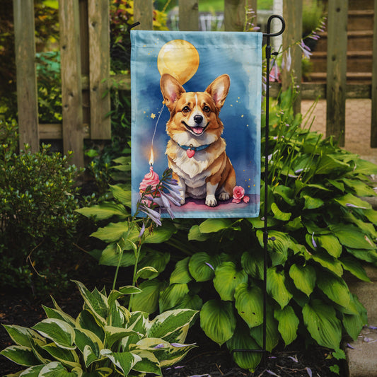 Corgi Happy Birthday Garden Flag –Dog Birthday Cupcake Yard Decor with Balloons