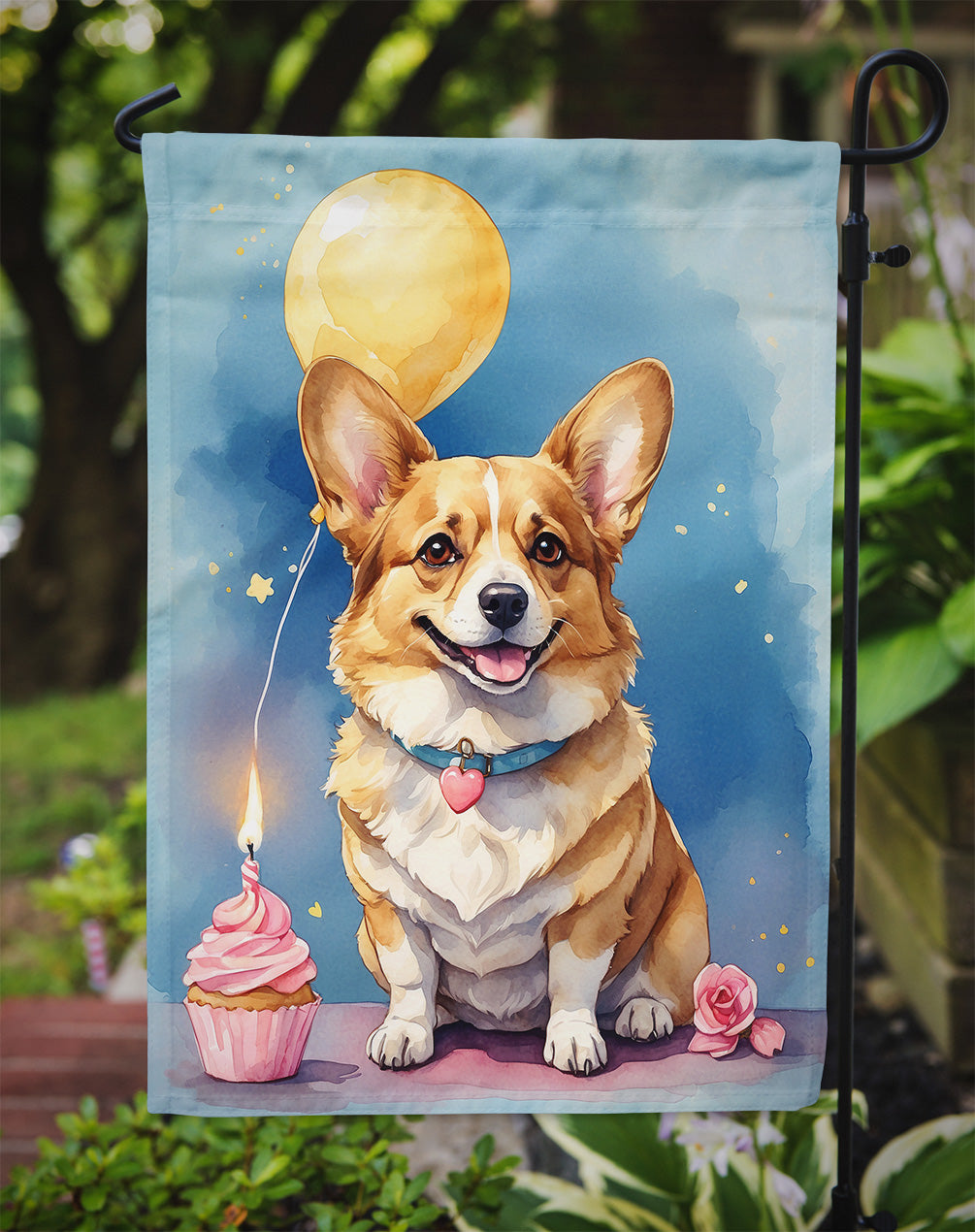 Corgi Happy Birthday Garden Flag –Dog Birthday Cupcake Yard Decor with Balloons