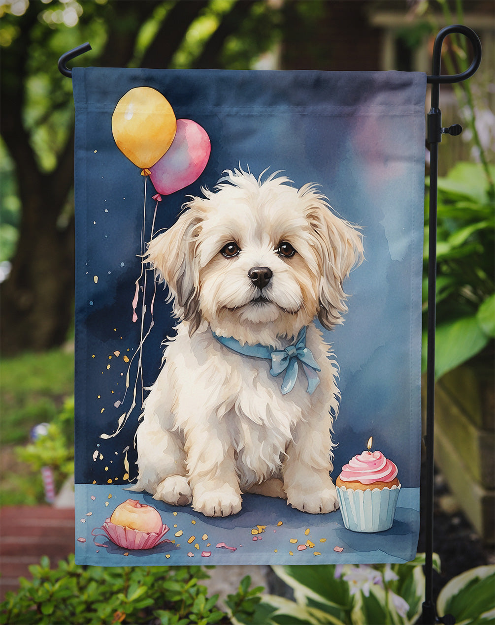 Coton De Tulear Happy Birthday Garden Flag –Dog Birthday Cupcake Yard Decor with Balloons