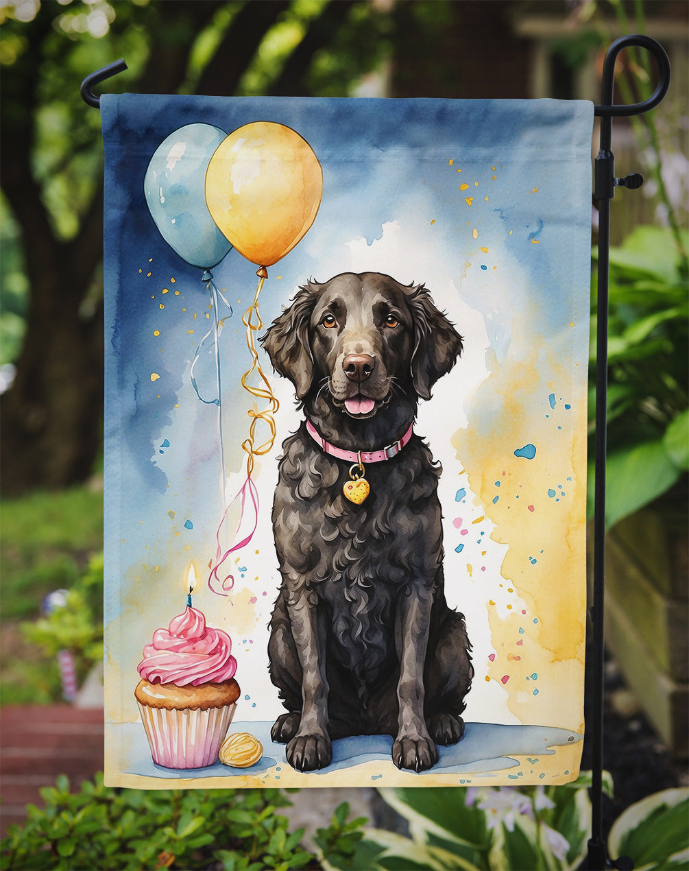 Curly Coated Retriever Happy Birthday Garden Flag –Dog Birthday Cupcake Yard Decor with Balloons