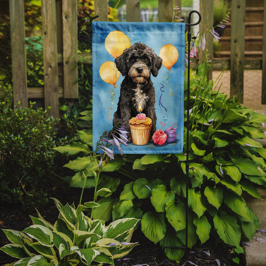 Portuguese Water Dog Happy Birthday Garden Flag –Dog Birthday Cupcake Yard Decor with Balloons