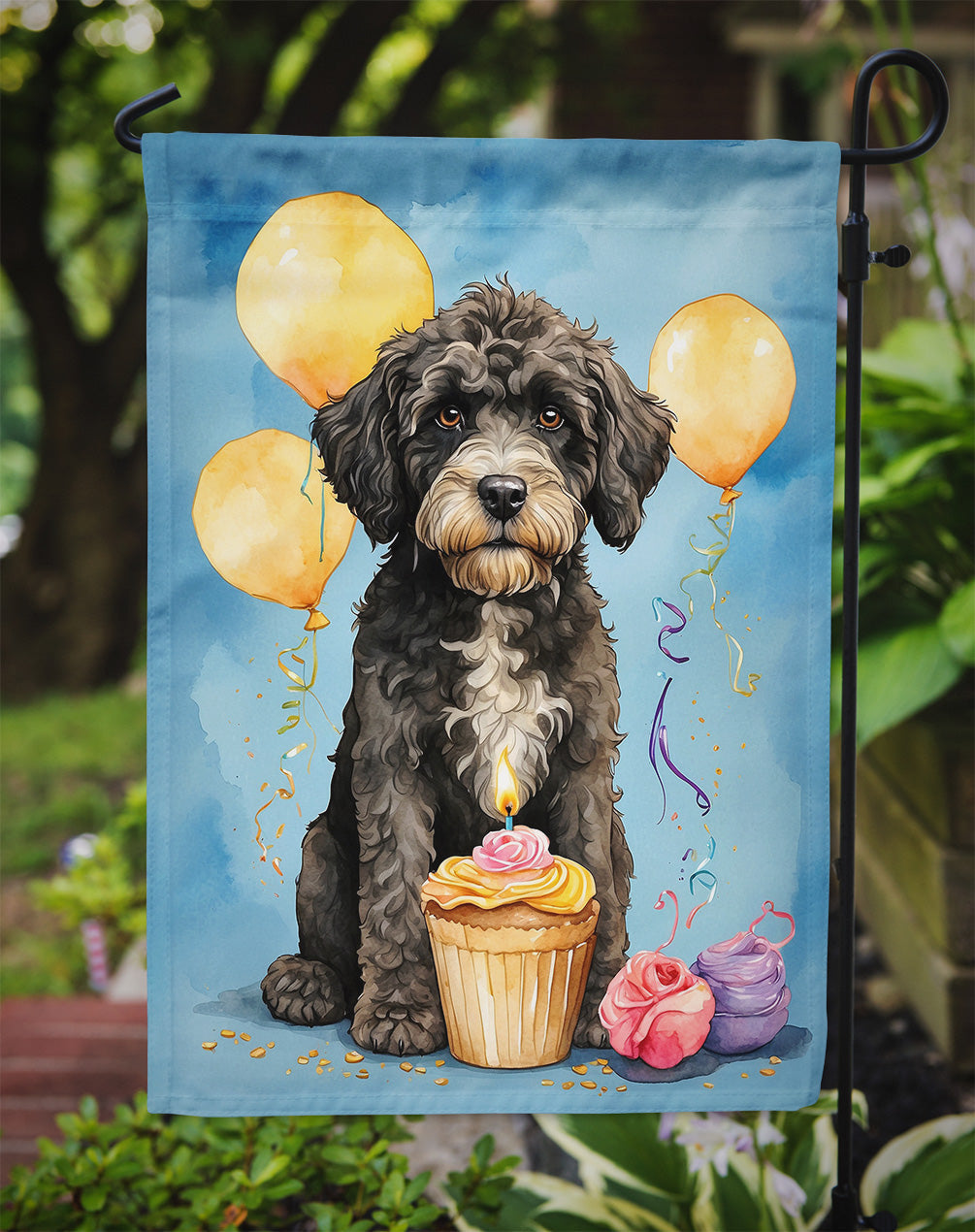 Portuguese Water Dog Happy Birthday Garden Flag –Dog Birthday Cupcake Yard Decor with Balloons