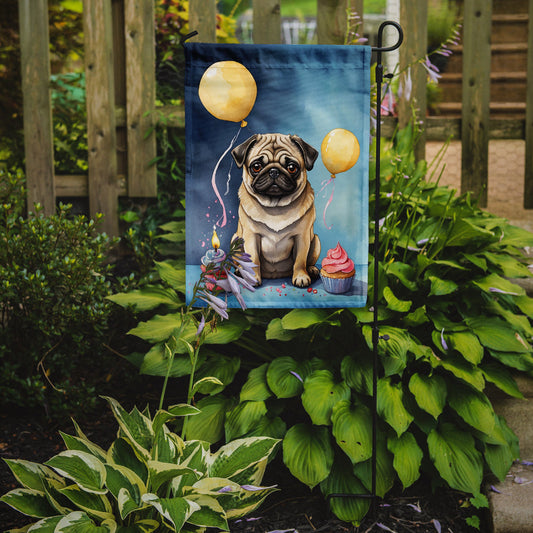Pug Happy Birthday Garden Flag –Dog Birthday Cupcake Yard Decor with Balloons