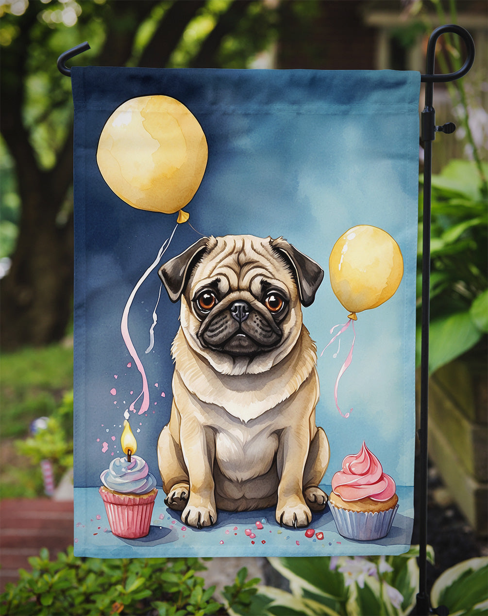 Pug Happy Birthday Garden Flag –Dog Birthday Cupcake Yard Decor with Balloons