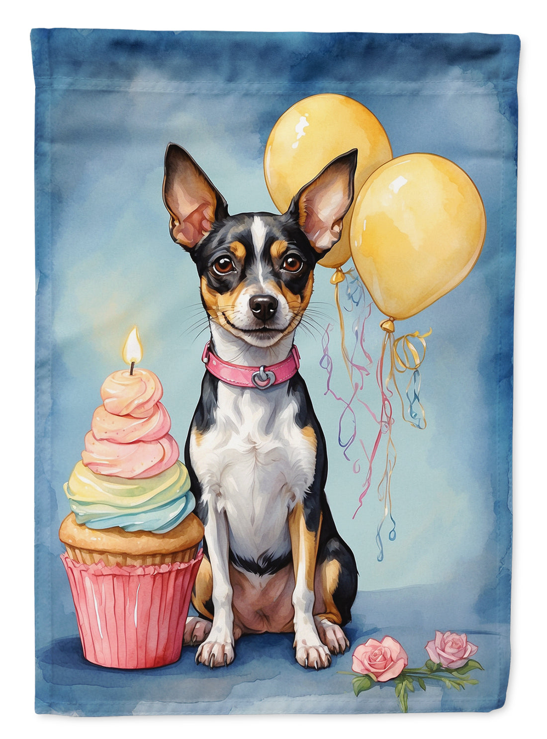 Rat Terrier Happy Birthday Garden Flag –Dog Birthday Cupcake Yard Decor with Balloons