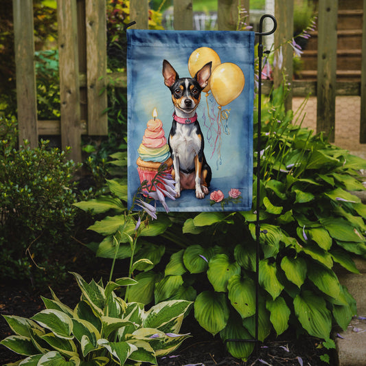 Rat Terrier Happy Birthday Garden Flag –Dog Birthday Cupcake Yard Decor with Balloons