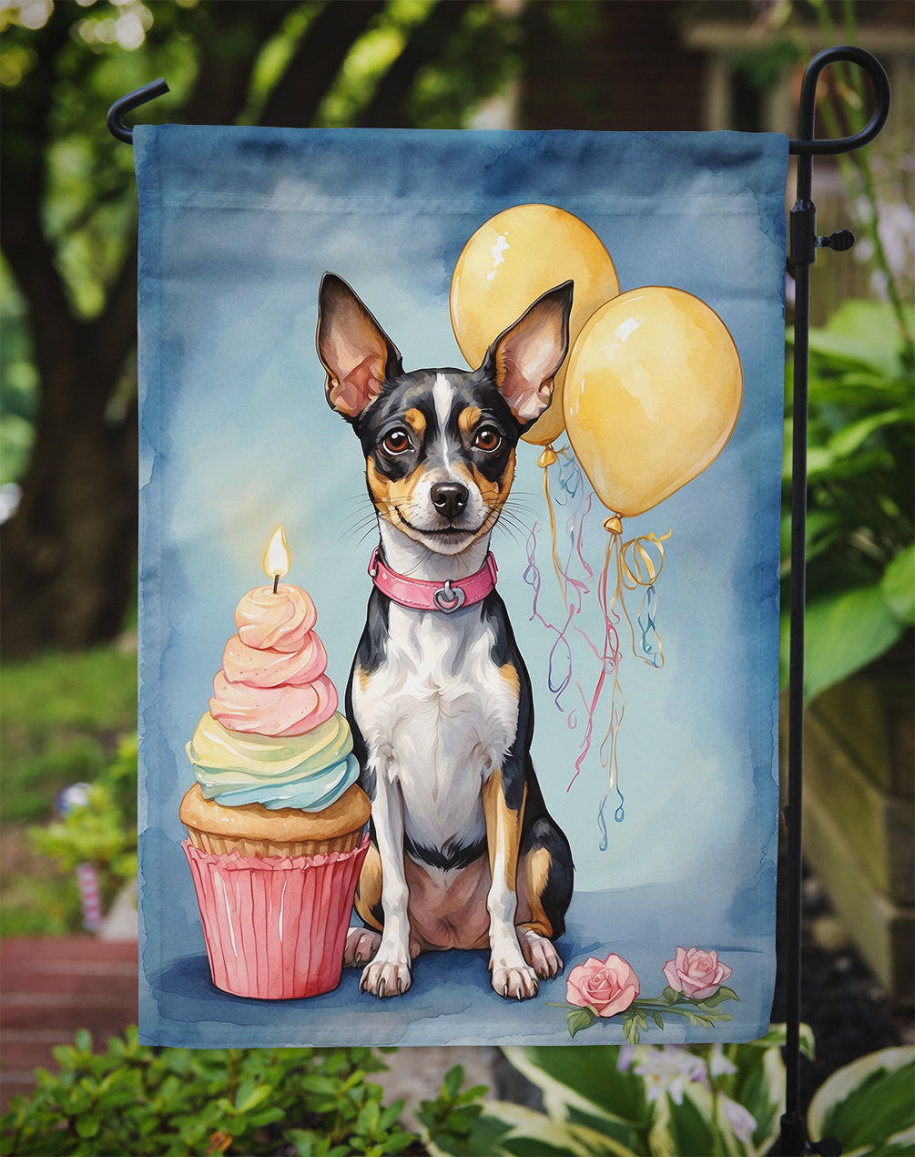 Rat Terrier Happy Birthday Garden Flag –Dog Birthday Cupcake Yard Decor with Balloons